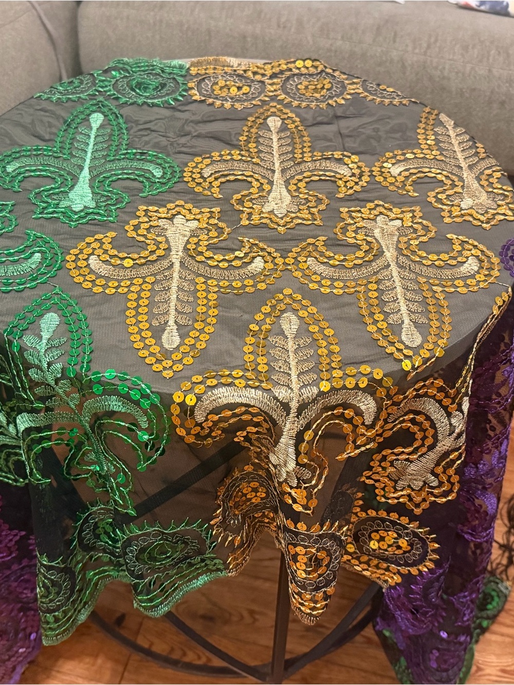 Embroidered Fleur-de-Lis Skirt Wrap in Green, Gold and Purple